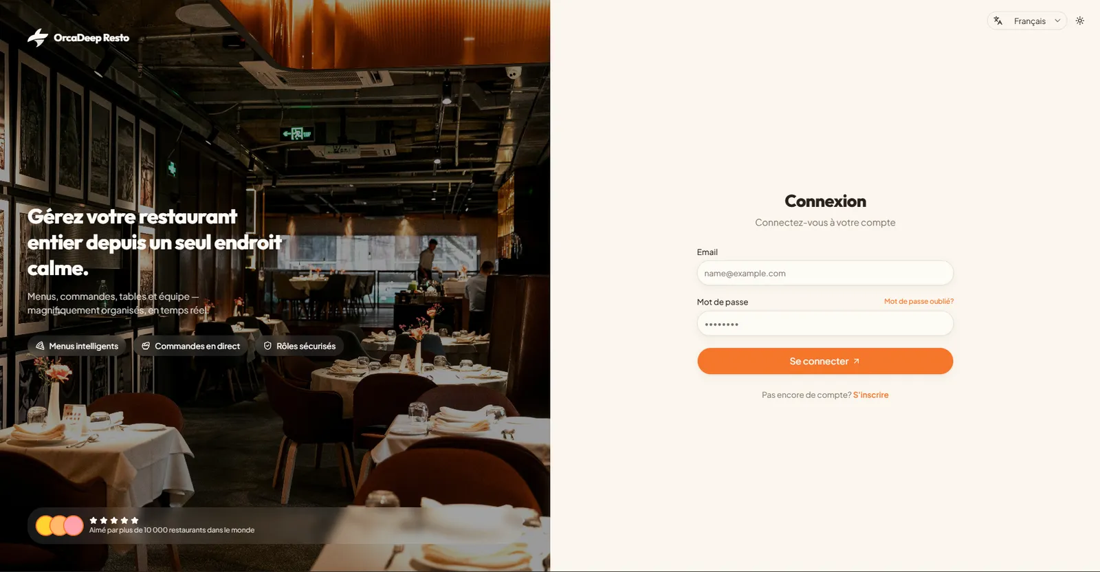 Écran de connexion OrcaDeep Resto avec la photo d'une salle de restaurant moderne et chaleureuse